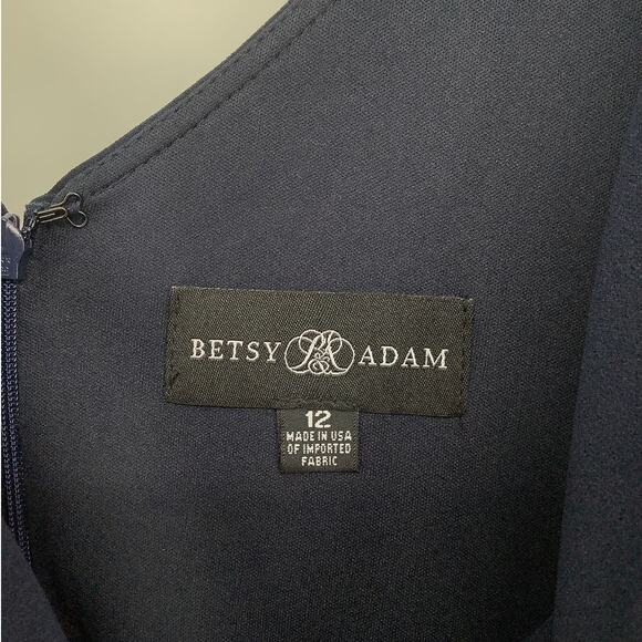 Betsy & Adam Women's 12 Navy V-Neck Cascade Ruffle High-Low Gown Evening OS26-16 - Picture 5 of 10